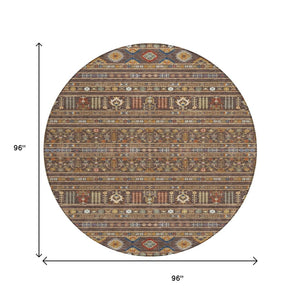HomeRoots 8' Round Tribal Area Rug in Chocolate, Blue & Copper - Durable, Washable for Indoor & Outdoor Use! 640036