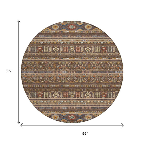 HomeRoots 8' Round Tribal Area Rug in Chocolate, Blue & Copper - Durable, Washable for Indoor & Outdoor Use! 640036