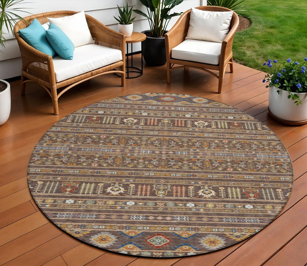 HomeRoots 8' Round Tribal Area Rug in Chocolate, Blue & Copper - Durable, Washable for Indoor & Outdoor Use! 640036