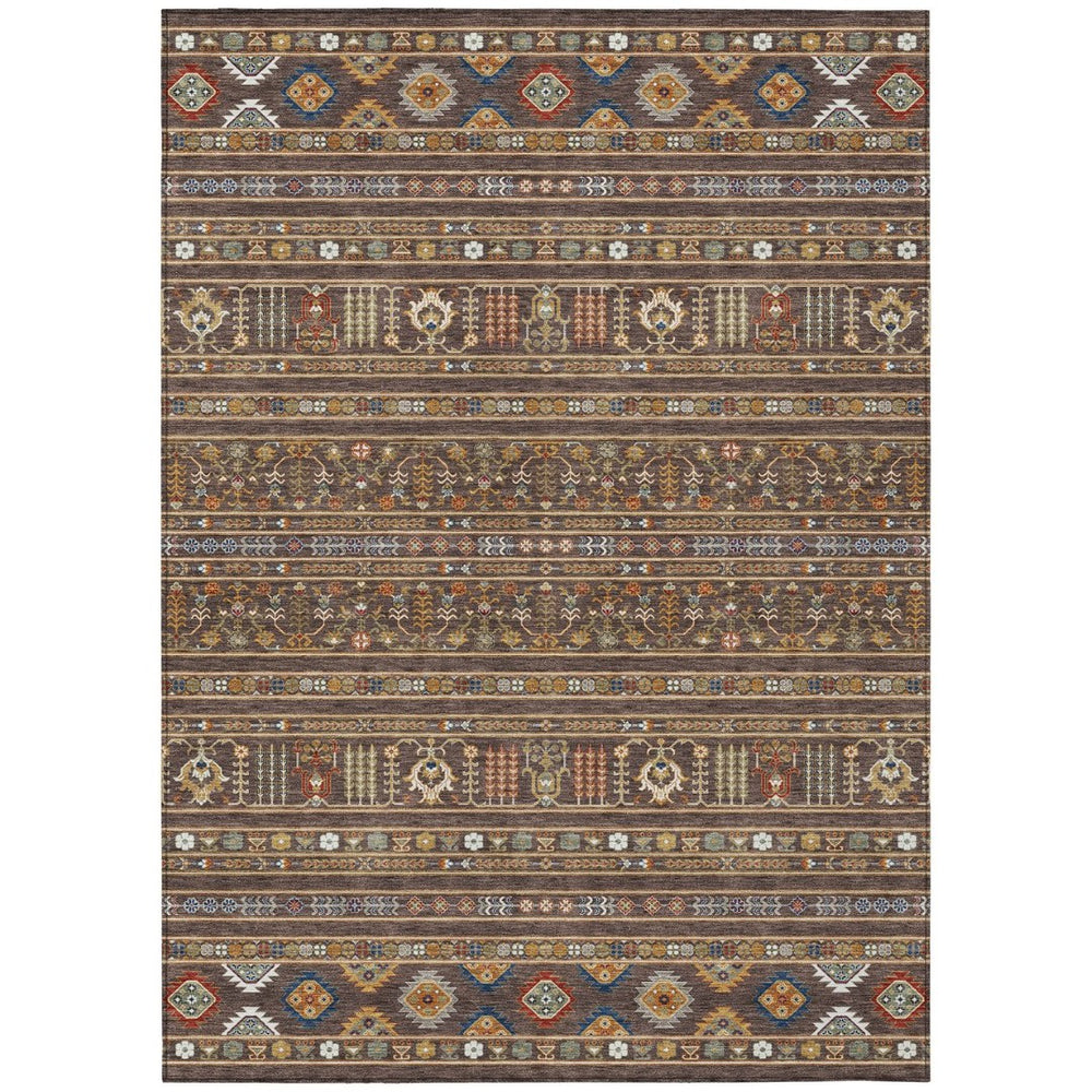 HomeRoots 8' X 10' Durable and Stylish Tribal Washable Area Rug in Chocolate, Blue, and Copper for Indoors/Outdoors 640037