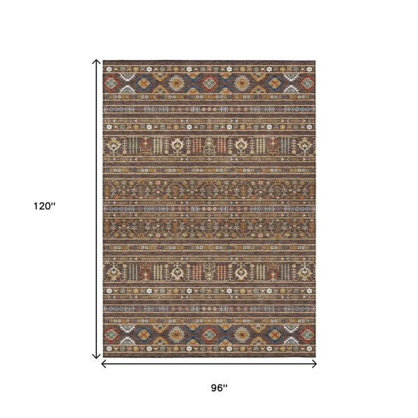 HomeRoots 8' X 10' Durable and Stylish Tribal Washable Area Rug in Chocolate, Blue, and Copper for Indoors/Outdoors 640037