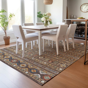 HomeRoots 10' Stylish Tribal Washable Area Rug in Chocolate, Blue & Copper – Indoor/Outdoor Durability & Elegance 640039