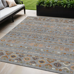 HomeRoots 5' Stylish Gray Blue and Copper Tribal Area Rug - Washable, Durable for Indoor & Outdoor Use! 640041
