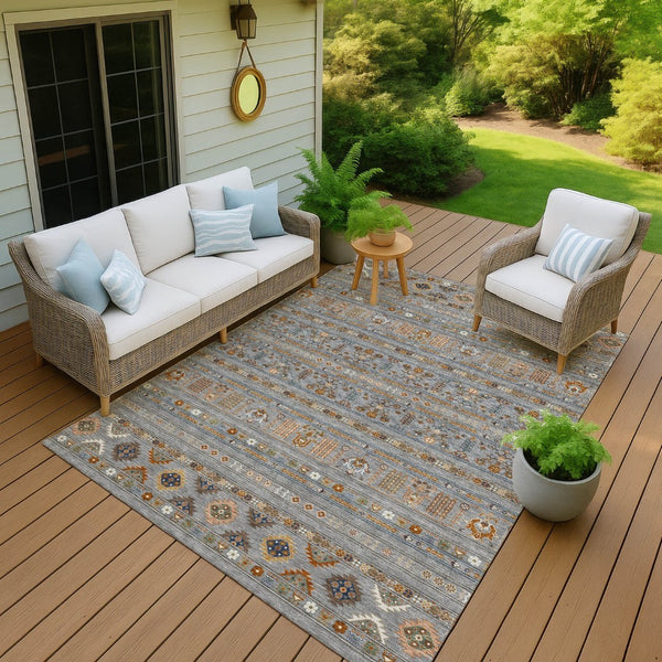 HomeRoots 5' Stylish Gray Blue and Copper Tribal Area Rug - Washable, Durable for Indoor & Outdoor Use! 640041