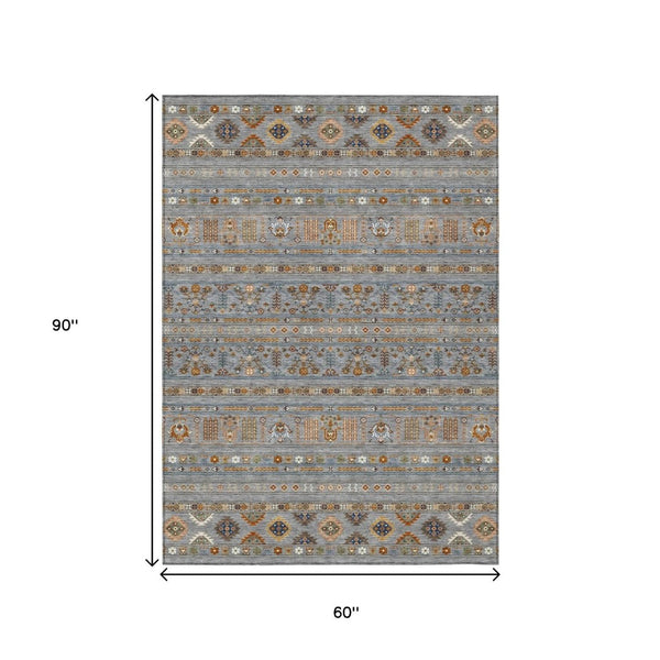 HomeRoots 5' Stylish Gray Blue and Copper Tribal Area Rug - Washable, Durable for Indoor & Outdoor Use! 640041