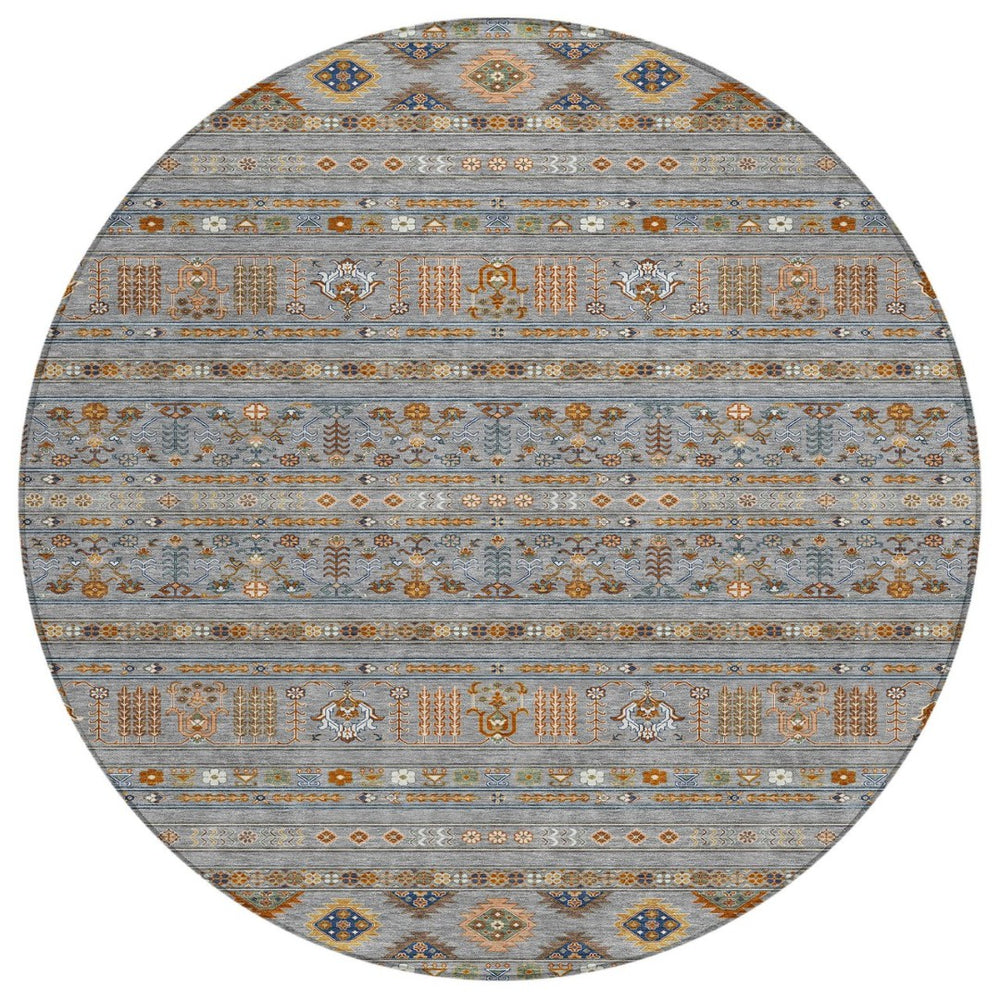 HomeRoots 8' Round Tribal Area Rug - Gray, Blue, and Copper - Washable, Durable, Indoor/Outdoor Versatility! 640042