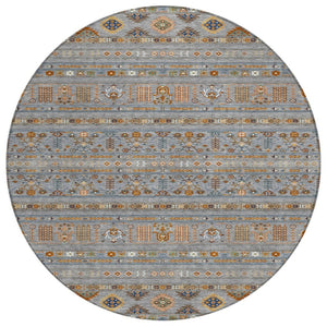HomeRoots 8' Round Tribal Area Rug - Gray, Blue, and Copper - Washable, Durable, Indoor/Outdoor Versatility! 640042