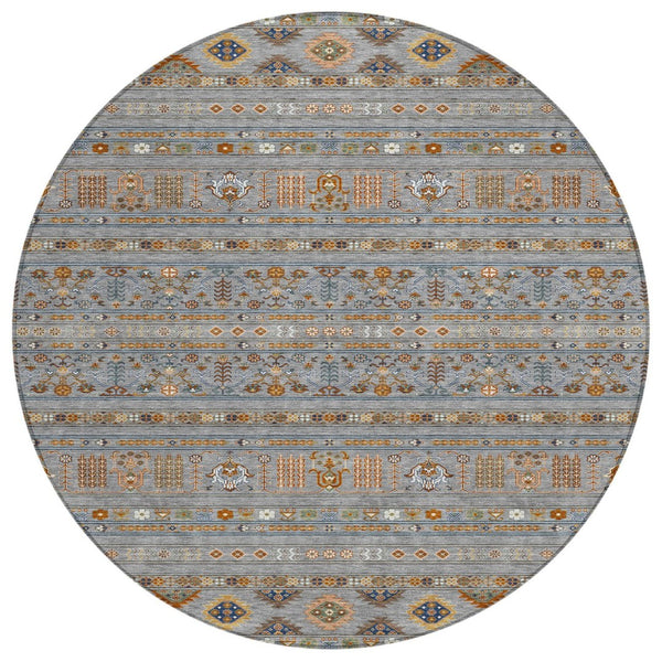 HomeRoots 8' Round Tribal Area Rug - Gray, Blue, and Copper - Washable, Durable, Indoor/Outdoor Versatility! 640042