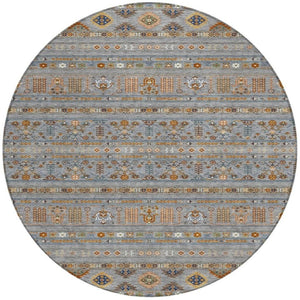 HomeRoots 8' Round Tribal Area Rug - Gray, Blue, and Copper - Washable, Durable, Indoor/Outdoor Versatility! 640042