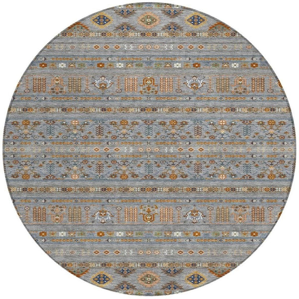 HomeRoots 8' Round Tribal Area Rug - Gray, Blue, and Copper - Washable, Durable, Indoor/Outdoor Versatility! 640042