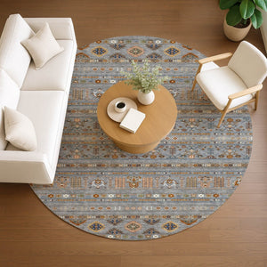 HomeRoots 8' Round Tribal Area Rug - Gray, Blue, and Copper - Washable, Durable, Indoor/Outdoor Versatility! 640042