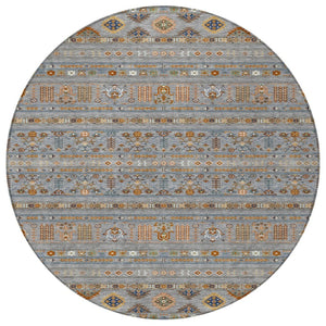 HomeRoots 8' Round Tribal Area Rug - Gray, Blue, and Copper - Washable, Durable, Indoor/Outdoor Versatility! 640042