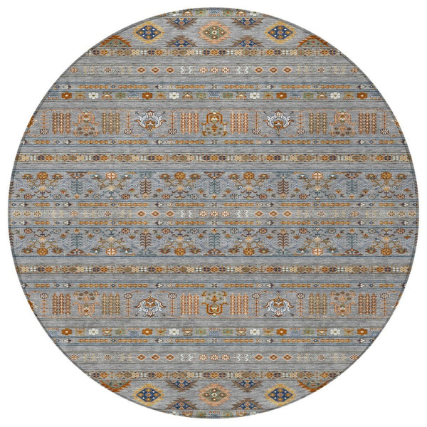 HomeRoots 8' Round Tribal Area Rug - Gray, Blue, and Copper - Washable, Durable, Indoor/Outdoor Versatility! 640042