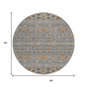 HomeRoots 8' Round Tribal Area Rug - Gray, Blue, and Copper - Washable, Durable, Indoor/Outdoor Versatility! 640042