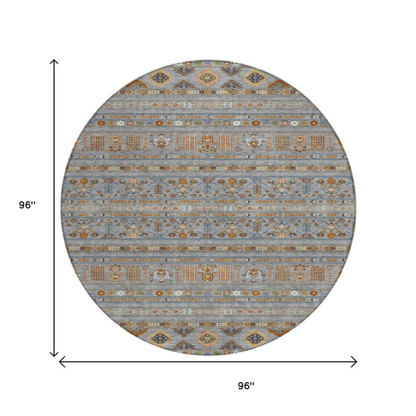 HomeRoots 8' Round Tribal Area Rug - Gray, Blue, and Copper - Washable, Durable, Indoor/Outdoor Versatility! 640042