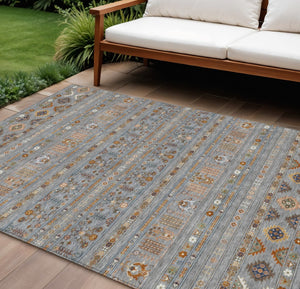 HomeRoots 8' X 10' Versatile Gray Blue Copper Tribal Washable Area Rug for Indoor & Outdoor Spaces 640043