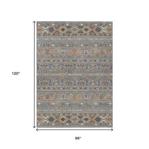 HomeRoots 8' X 10' Versatile Gray Blue Copper Tribal Washable Area Rug for Indoor & Outdoor Spaces 640043