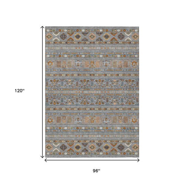 HomeRoots 8' X 10' Versatile Gray Blue Copper Tribal Washable Area Rug for Indoor & Outdoor Spaces 640043