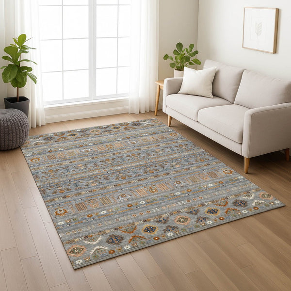 HomeRoots 8' X 10' Versatile Gray Blue Copper Tribal Washable Area Rug for Indoor & Outdoor Spaces 640043