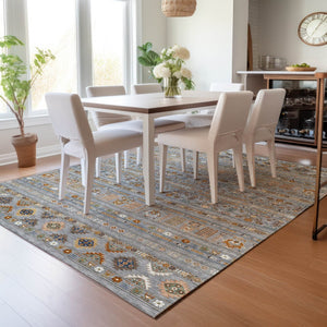 HomeRoots 8' X 10' Versatile Gray Blue Copper Tribal Washable Area Rug for Indoor & Outdoor Spaces 640043