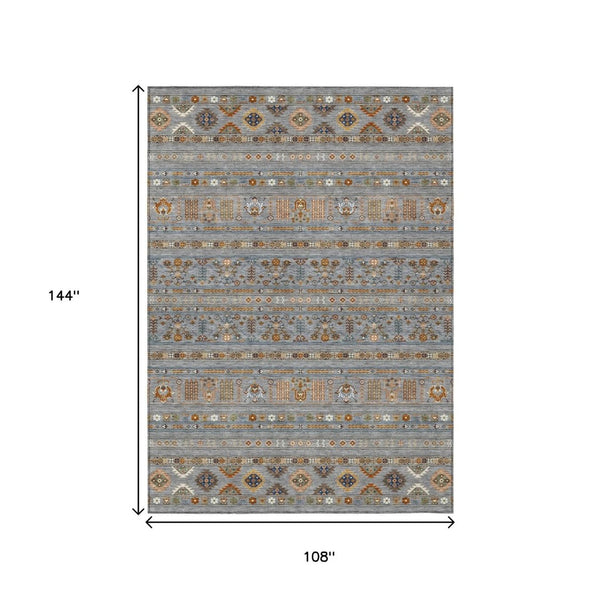 HomeRoots 9' X 12' Gray Blue Copper Tribal Area Rug - Washable, Durable, Stylish for Indoor & Outdoor Use 640044