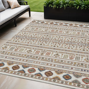 HomeRoots 5' Stylish Ivory Blue Copper Tribal Area Rug – Washable, Durable for Indoor & Outdoor High Traffic Use 640047