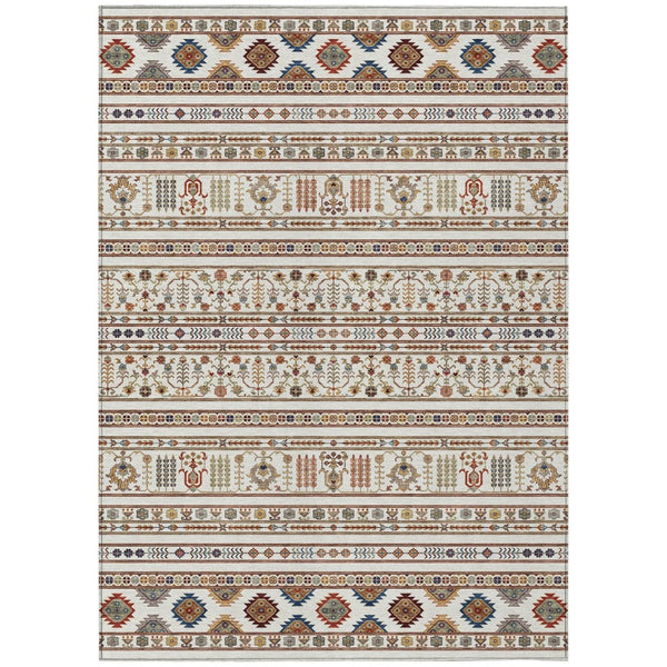HomeRoots 5' Stylish Ivory Blue Copper Tribal Area Rug – Washable, Durable for Indoor & Outdoor High Traffic Use 640047