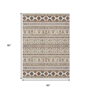 HomeRoots 5' Stylish Ivory Blue Copper Tribal Area Rug – Washable, Durable for Indoor & Outdoor High Traffic Use 640047