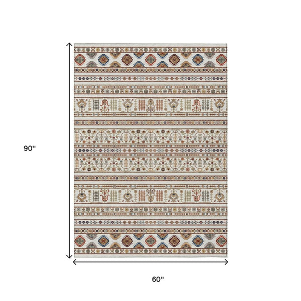 HomeRoots 5' Stylish Ivory Blue Copper Tribal Area Rug – Washable, Durable for Indoor & Outdoor High Traffic Use 640047