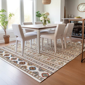 HomeRoots 5' Stylish Ivory Blue Copper Tribal Area Rug – Washable, Durable for Indoor & Outdoor High Traffic Use 640047