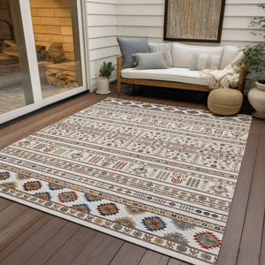 HomeRoots 5' Stylish Ivory Blue Copper Tribal Area Rug – Washable, Durable for Indoor & Outdoor High Traffic Use 640047