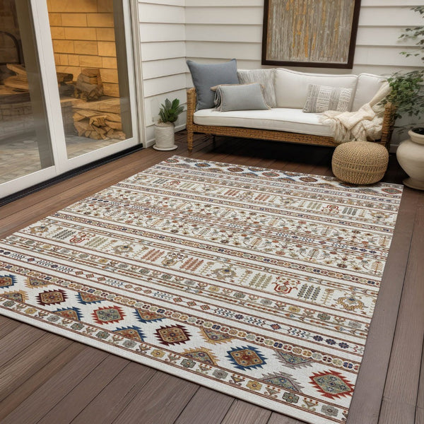 HomeRoots 5' Stylish Ivory Blue Copper Tribal Area Rug – Washable, Durable for Indoor & Outdoor High Traffic Use 640047