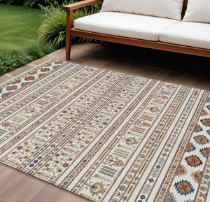 HomeRoots 8' Stunning Ivory, Blue & Copper Round Tribal Rug - Washable, Durable for Indoor & Outdoor Use! 640048