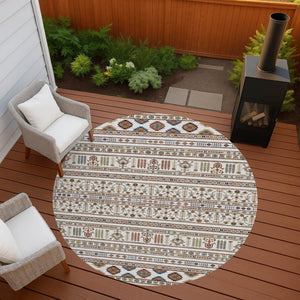 HomeRoots 8' Stunning Ivory, Blue & Copper Round Tribal Rug - Washable, Durable for Indoor & Outdoor Use! 640048
