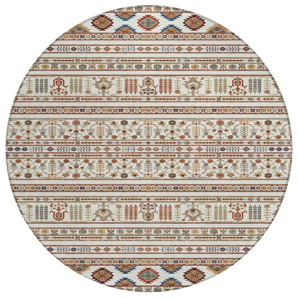 HomeRoots 8' Stunning Ivory, Blue & Copper Round Tribal Rug - Washable, Durable for Indoor & Outdoor Use! 640048