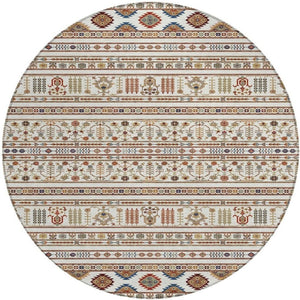 HomeRoots 8' Stunning Ivory, Blue & Copper Round Tribal Rug - Washable, Durable for Indoor & Outdoor Use! 640048