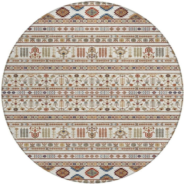 HomeRoots 8' Stunning Ivory, Blue & Copper Round Tribal Rug - Washable, Durable for Indoor & Outdoor Use! 640048