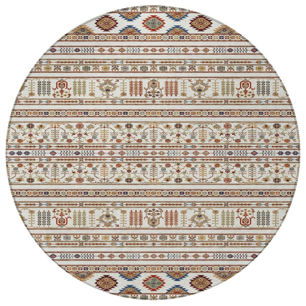 HomeRoots 8' Stunning Ivory, Blue & Copper Round Tribal Rug - Washable, Durable for Indoor & Outdoor Use! 640048