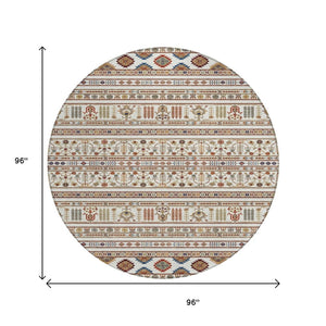 HomeRoots 8' Stunning Ivory, Blue & Copper Round Tribal Rug - Washable, Durable for Indoor & Outdoor Use! 640048