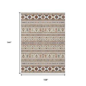 HomeRoots 9' X 12' Stylish Ivory Blue Copper Tribal Area Rug – Durable, Washable, Indoor-Outdoor Versatile Decor 640050