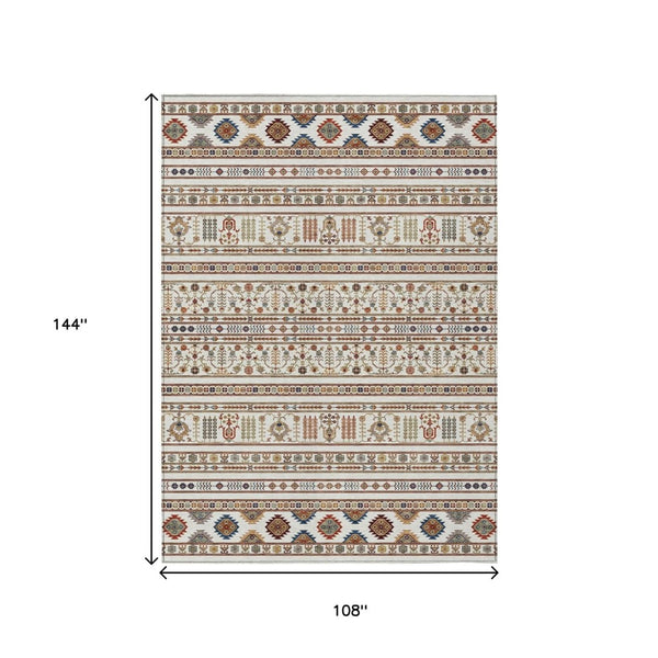 HomeRoots 9' X 12' Stylish Ivory Blue Copper Tribal Area Rug – Durable, Washable, Indoor-Outdoor Versatile Decor 640050