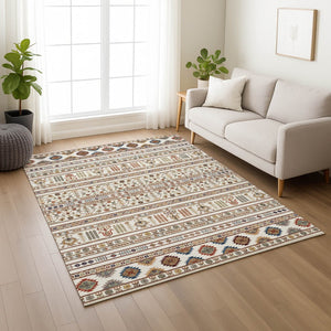 HomeRoots 9' X 12' Stylish Ivory Blue Copper Tribal Area Rug – Durable, Washable, Indoor-Outdoor Versatile Decor 640050