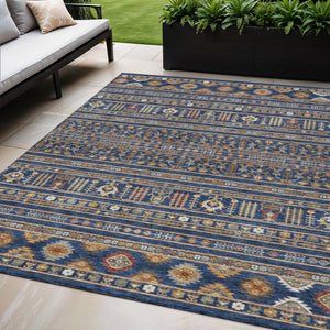 HomeRoots 5' X 8' Navy Blue Tribal Area Rug - Copper & Gold, Machine Washable, Indoor/Outdoor Durable Design 640053