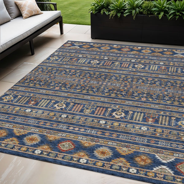 HomeRoots 5' X 8' Navy Blue Tribal Area Rug - Copper & Gold, Machine Washable, Indoor/Outdoor Durable Design 640053