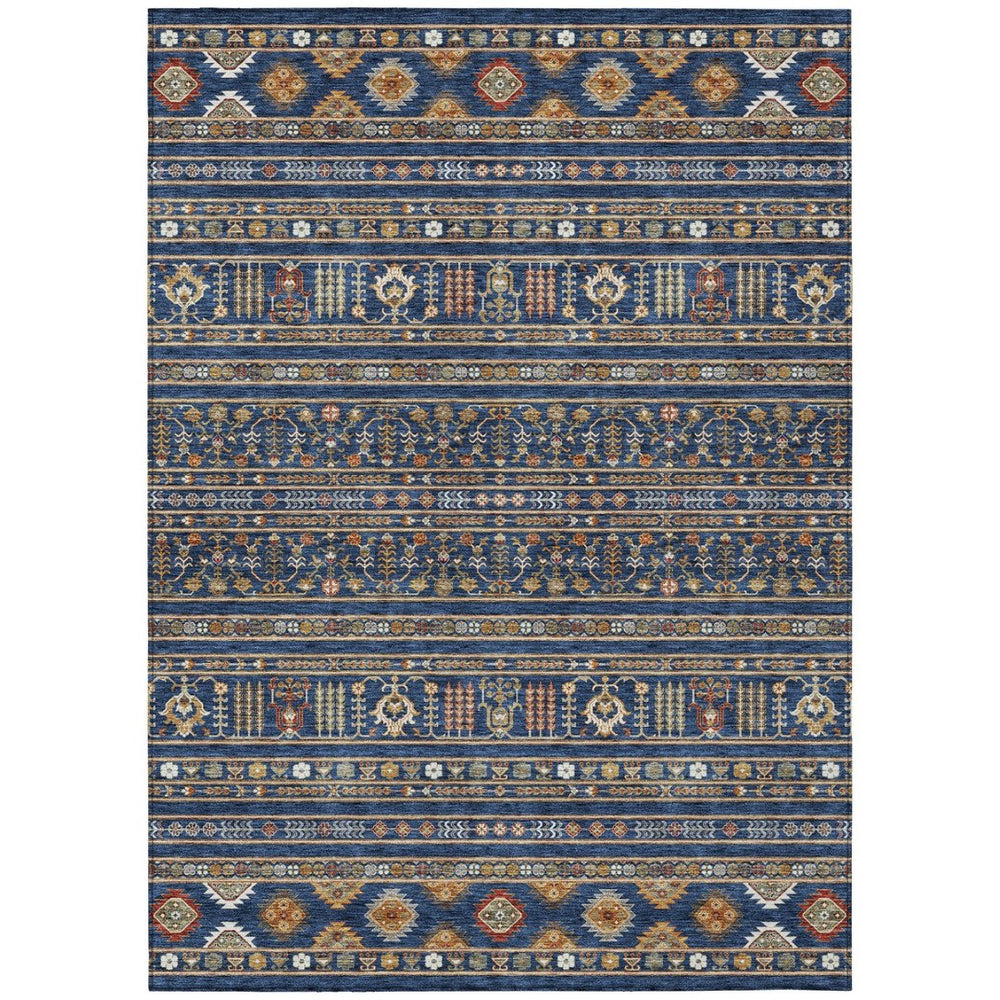 HomeRoots 5' X 8' Navy Blue Tribal Area Rug - Copper & Gold, Machine Washable, Indoor/Outdoor Durable Design 640053