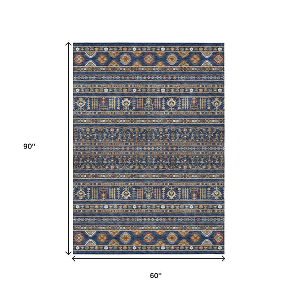 HomeRoots 5' X 8' Navy Blue Tribal Area Rug - Copper & Gold, Machine Washable, Indoor/Outdoor Durable Design 640053