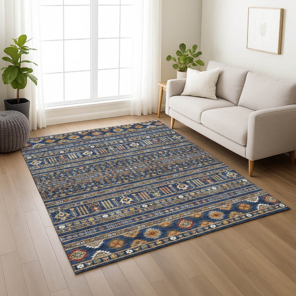 HomeRoots 5' X 8' Navy Blue Tribal Area Rug - Copper & Gold, Machine Washable, Indoor/Outdoor Durable Design 640053