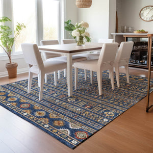 HomeRoots 5' X 8' Navy Blue Tribal Area Rug - Copper & Gold, Machine Washable, Indoor/Outdoor Durable Design 640053