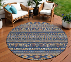 HomeRoots 8' Round Tribal Area Rug in Navy Blue, Copper & Gold - Washable, Durable for Indoor/Outdoor Use 640054