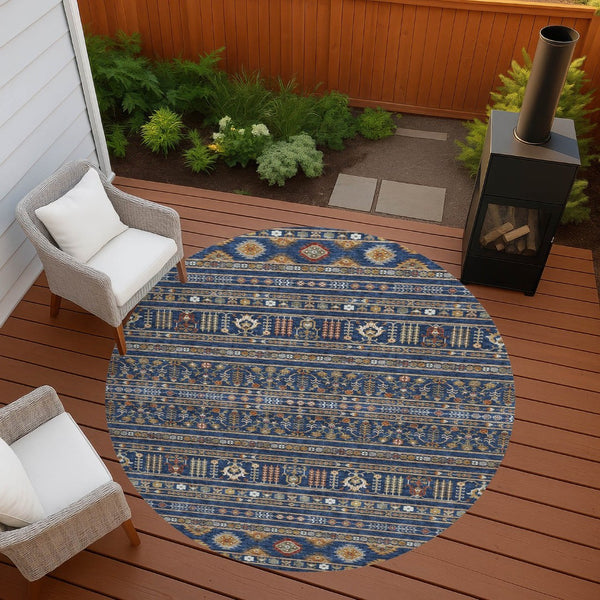 HomeRoots 8' Round Tribal Area Rug in Navy Blue, Copper & Gold - Washable, Durable for Indoor/Outdoor Use 640054